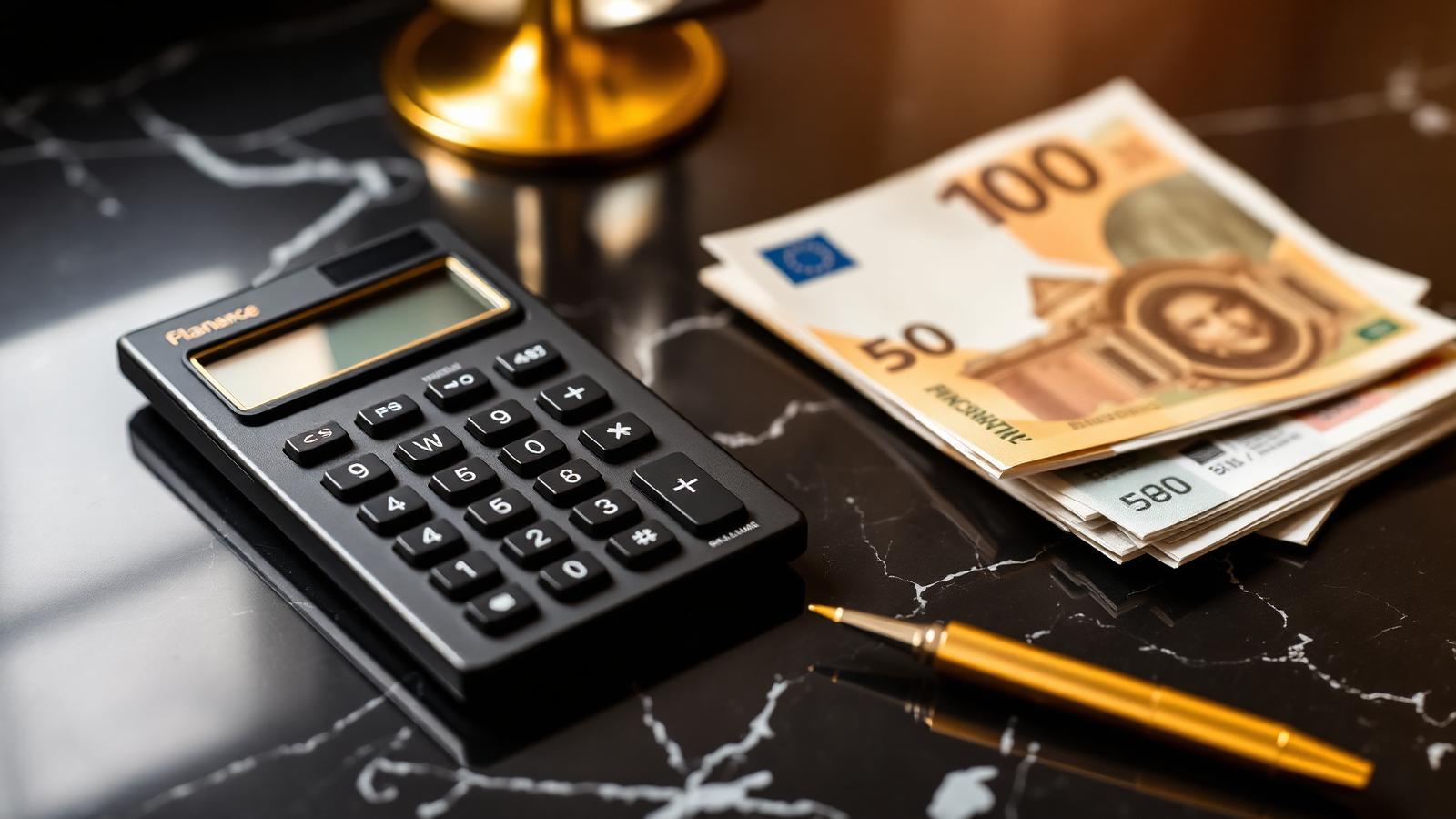 Skaičiuoklė, auksinis tušinukas ir eurų banknotai ant juodo marmuro – paskolų palyginimas